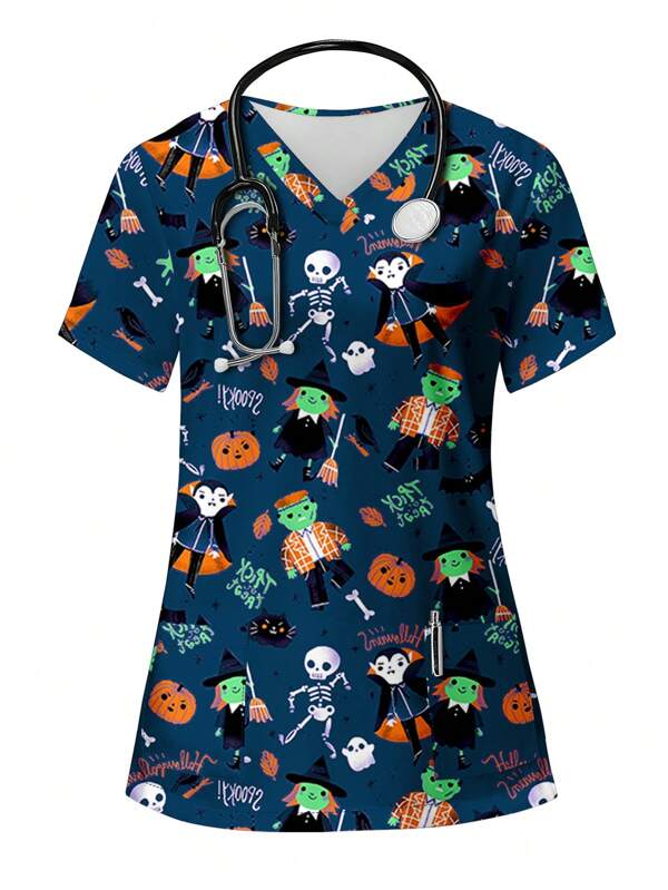 PopScrub Halloween drăguț de desene animate cu literă craniu vampir vrăjitoare fantomă imprimeu cu decolteu în V cu mânecă scurtă de buzunar uniformă asistentă pentru scrub top