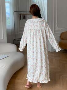 DAZY Floral Allover Print Loose Ruffled Collar Nightgown Pajama, Fall - Beige - View 2