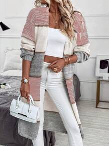 EMERY ROSE Color Block Casual Loose Fit Long Cardigan For Women With Dual Pockets,Long Sleeve Tops Fall Winter Cloth For Women - Pink - View 5