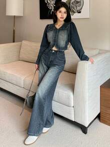 DAZY 2pcs Vintage Washed & Distressed Denim Top And Straight Leg Jeans Set For Women,Back To School Clothes Fall/Winter - Dark Wash - View 4