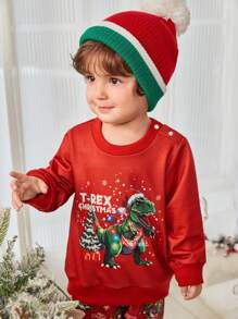 SHEIN 2pcs/Set Baby Boys Christmas Dinosaur Pattern Thermal Lined Sweatshirt And Joggers Set - Burgundy - View 5