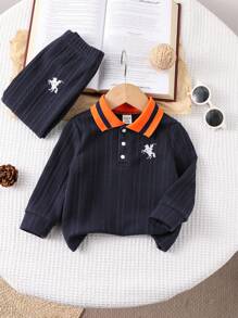 Souflis Souflis 2pcs Baby Boy Polo Collar Long Sleeve T-Shirt With Embroidered Front Logo & Casual Pants Set, Suitable For Autumn - Royal Blue - View 8