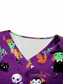 PopScrub 万圣节可爱卡通字母骷髅、吸血鬼、女巫和鬼魂印花 V 领短袖口袋护士制服女式手术服上衣 - 紫羅蘭色 - 查看 4