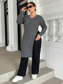 SHEIN Essnce Suéter largo asimétrico de punto holgado de cuello en V gris para mujer de talla grande, ropa de otoño para curvas - Gris - Ver 5