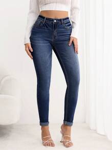 SHEIN LUNE Jeans de mezclilla minimalistas con bolsillo y botones frontales para mujer, uso casual diario