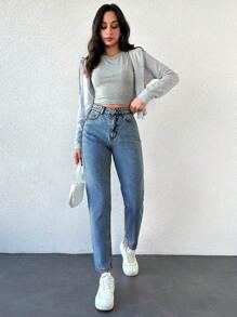 SHEIN Cottnline Zipper Fly Tapered Jeans - Medium Wash - View 5
