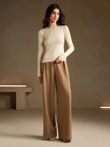 Anewsta Áo len nữ cổ tròn tay dài ôm dáng thanh lịch đính đá, thích hợp mặc mùa thu, áo tay dài, áo len chui đầu mùa thu đông. - Màu be - Xem 4