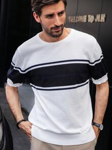 Manfinity Homme Parte superior tejida de manga corta casual de todos los días con color contrastante para hombres, otoño/invierno - Blanco - Ver 4