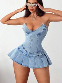 SHEIN ICON 女性喜欢金属扣设计褶皱下摆露肩牛仔连衣裙