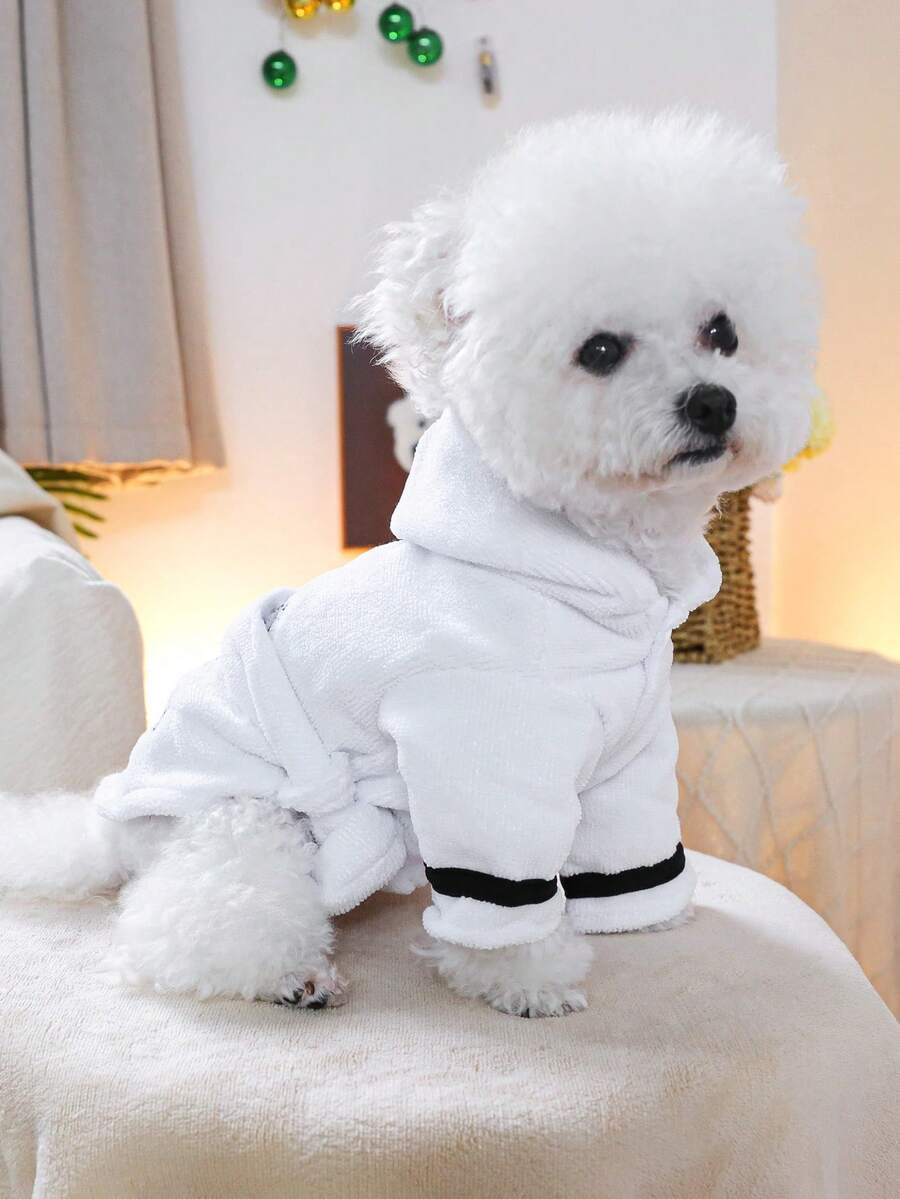 PETSIN 1pc Pet White Bathrobe Embroidered English Text Hooded Open
