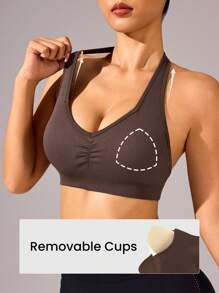 SHEIN Sports Sujetador deportivo de unicolor plisado para uso diario y fitness para mujer - Café integral - Ver 4