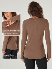 GLOWMODE Camiseta básica de manga larga, ajuste slim, longitud cadera, con agujero para el pulgar, de lana suave y cálida, para entrenamiento, yoga y uso diario - Marrón - Ver 4
