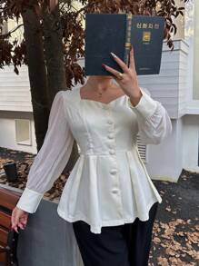 Flirla Plus Size 1pc Women's Casual & Romantic Pleated Sheer Long Sleeve Business Shirt