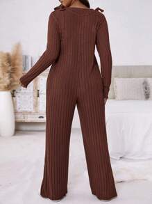 SHEIN LUNE Plus Size Casual Solid Color Long Sleeve Top And Jumpsuit 2 Pieces Set, Autumn
