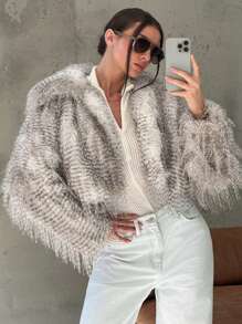 Aloruh New Fluffy Fur Collar Long Sleeve Warm Fluffy Jacket, Versatile For Autumn/Winter