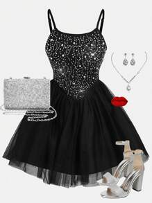 SHEIN Leap Crew Teen Girl's Black Rhinestone & Beaded Mesh Contrast Elegant Ruffle Short Party Dress - Black - View 1