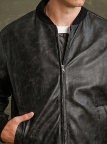 Men Faux Leather Bomber Jacket - Black - View 2