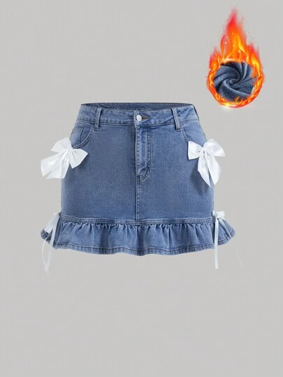 SHEIN MOD Plus Size Solid Color Simple Daily Denim Skirt With Bow Decor Y2k Hollowed Costumes Christmas Women Thanksgiving Women Homecoming Winter Cowgirl Costume Fleece