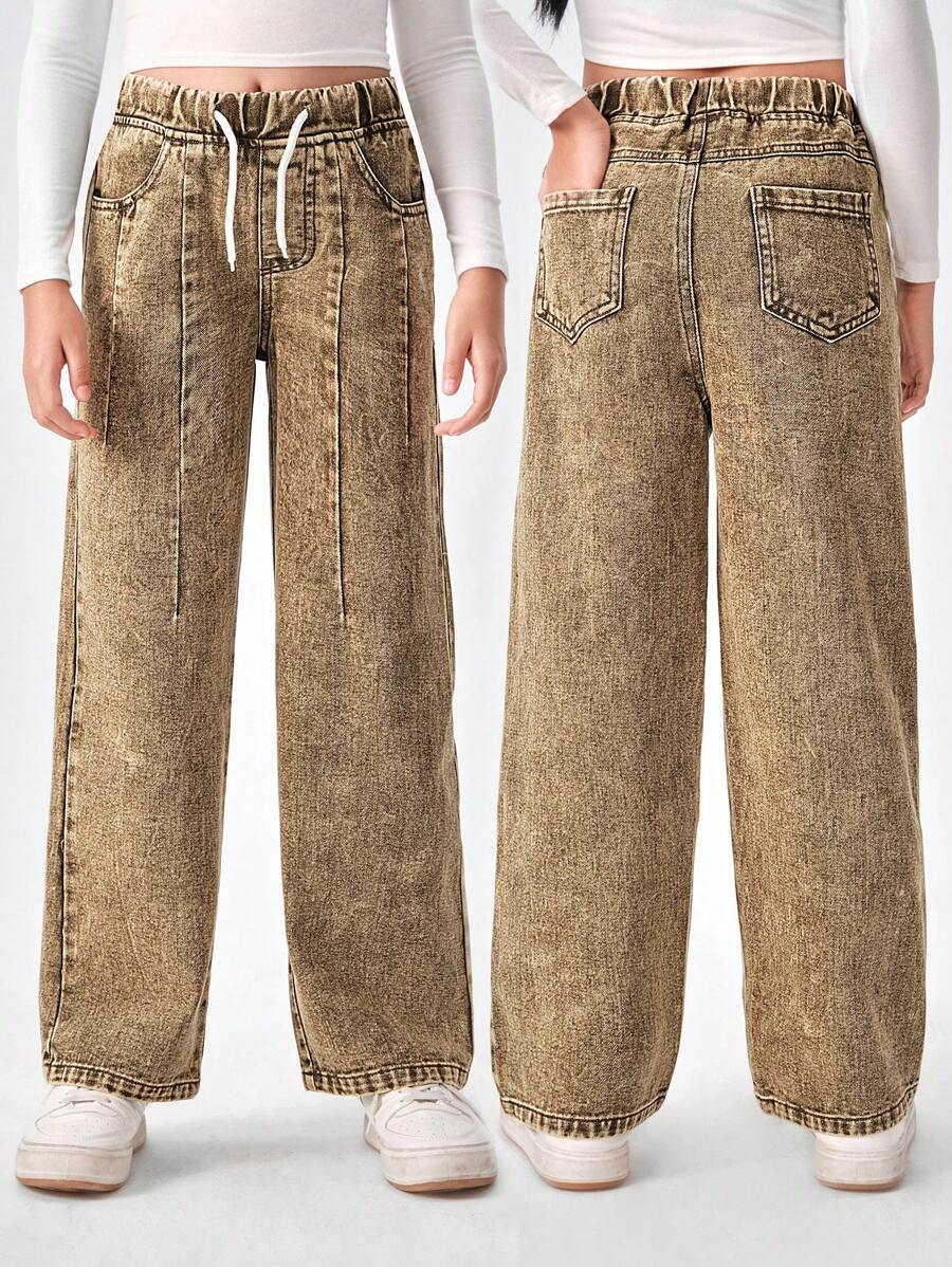 SHEIN Explorewe Tween Girls Y2K 时尚复古水洗效果 Mellard 彩色街头百搭休闲牛仔裤，适合所有季节 - 綠色 - 查看 1