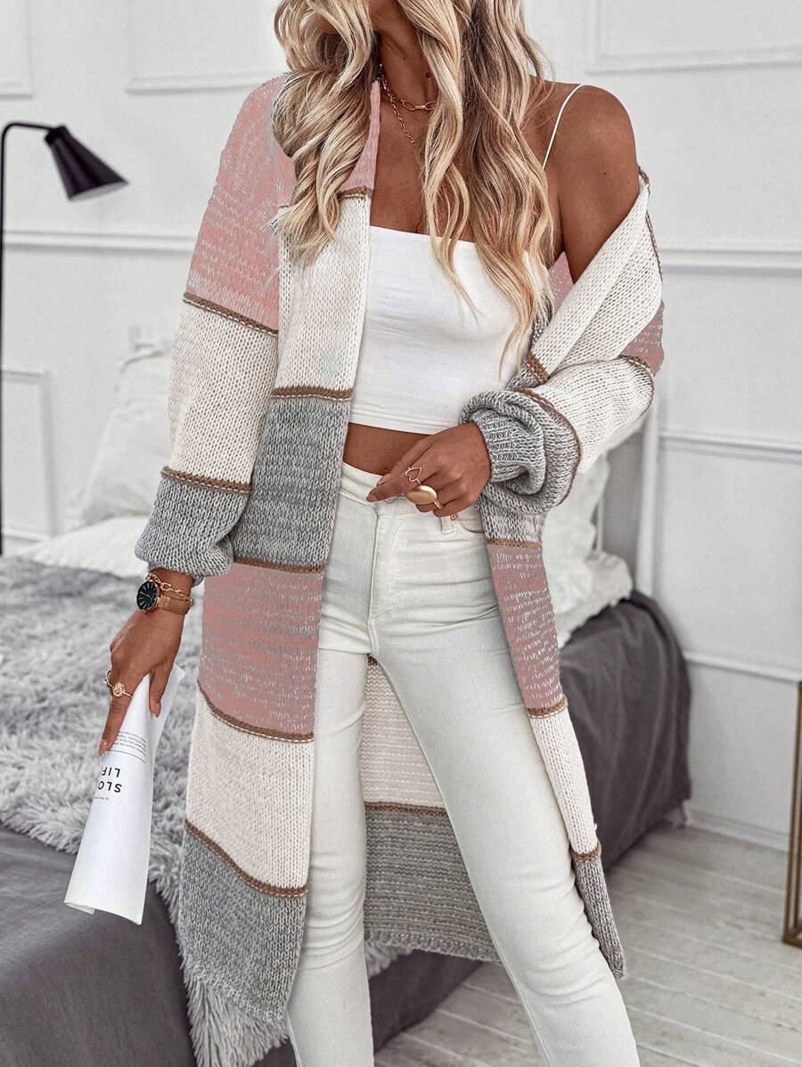 EMERY ROSE Color Block Casual Loose Fit Long Cardigan For Women With Dual Pockets,Long Sleeve Tops Fall Winter Cloth For Women - Pink - View 1