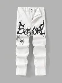 SHEIN Blugi din denim cu croială lejeră, cu imprimeu de păianjen, pentru băieți, de stradă, cool, pentru exterior și Halloween - alb - Vizualizare 1