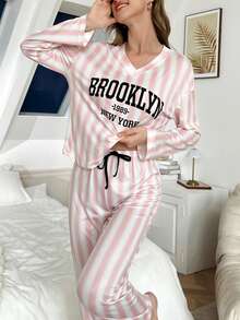 女式字母印花休闲条纹长袖睡衣套装 - 淺粉色 - 查看 3