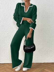 Joy Knit Women Casual Dropped Shoulder Loose V-Neck Contrast Binding Sweater And Loose Wide Leg Knit Pants Set - Dark Green - View 3
