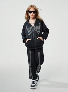 SHEIN Tween Girl Halloween Warm Thick Fall Rhinestone Skeleton Pattern Hooded Jacket & Pants Clothes , Autumn/Winter Outfit - Black - View 5