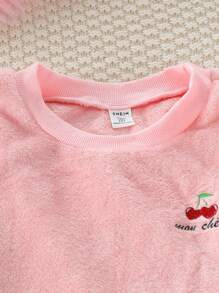 2 件青少年女孩樱桃图案保暖内衬长袖上衣和裤子家居服套装，舒适又温暖