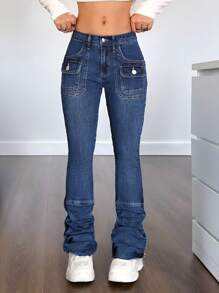 SHEIN Teen Girls' Y2K Vintage 2000s Flap Pocket Washed Stacked Jeans,Girls Fall Clothes Homecoming Concert Streetwear Outfits