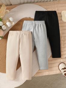 SHEIN Playful Pals 3pcs/Set Baby Girl Solid Color Warm Knitted Leggings, Casual Daily Wear, Autumn/Winter
