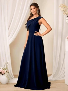 SHEIN Belle 1 件纯色不对称领口褶饰长款伴娘礼服 - 藏蓝色 - 查看 5