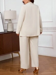 SHEIN Privé Conjunto de blazer y pantalón de talla grande de 2 piezas para mujer, de ajuste holgado, de estilo elegante y minimalista, en color albaricoque, apto para usar en múltiples estaciones - Albaricoque - Ver 4