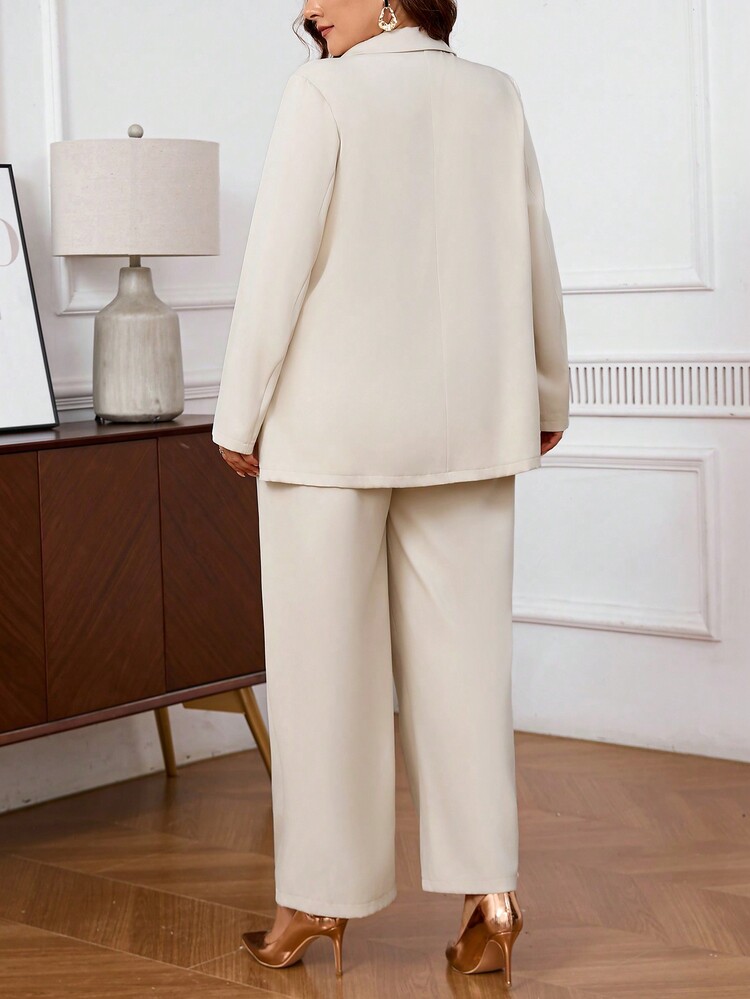 SHEIN Privé Bộ quần áo blazer và quần dài dáng rộng thanh lịch tối giản cỡ lớn cho nữ màu mơ, phù hợp mặc trong nhiều mùa - Màu be - Xem 3