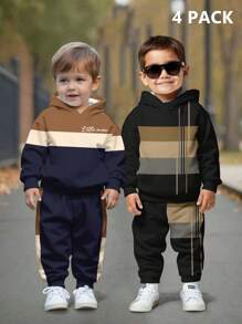 SHEIN 4pcs/Pack Young Boys Casual Striped Printed Loose Fit Long Sleeve Hoodie & Sweatpants 2 Pieces Set, Suitable For Autumn/Winter