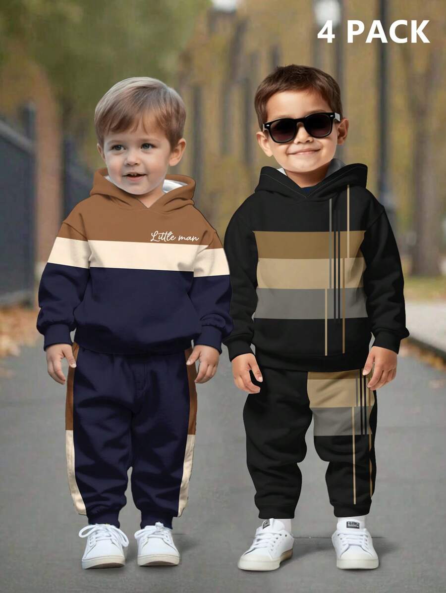 SHEIN 4pcs/Pack Young Boys Casual Striped Printed Loose Fit Long Sleeve Hoodie & Sweatpants 2 Pieces Set, Suitable For Autumn/Winter