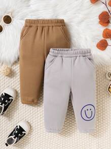 2pcs/Set Baby Boys Thermal Lined Smiling Face Printed Leggings, Suitable For Cold Weather Wear Or Casual Home Use - Multicolor - View 1