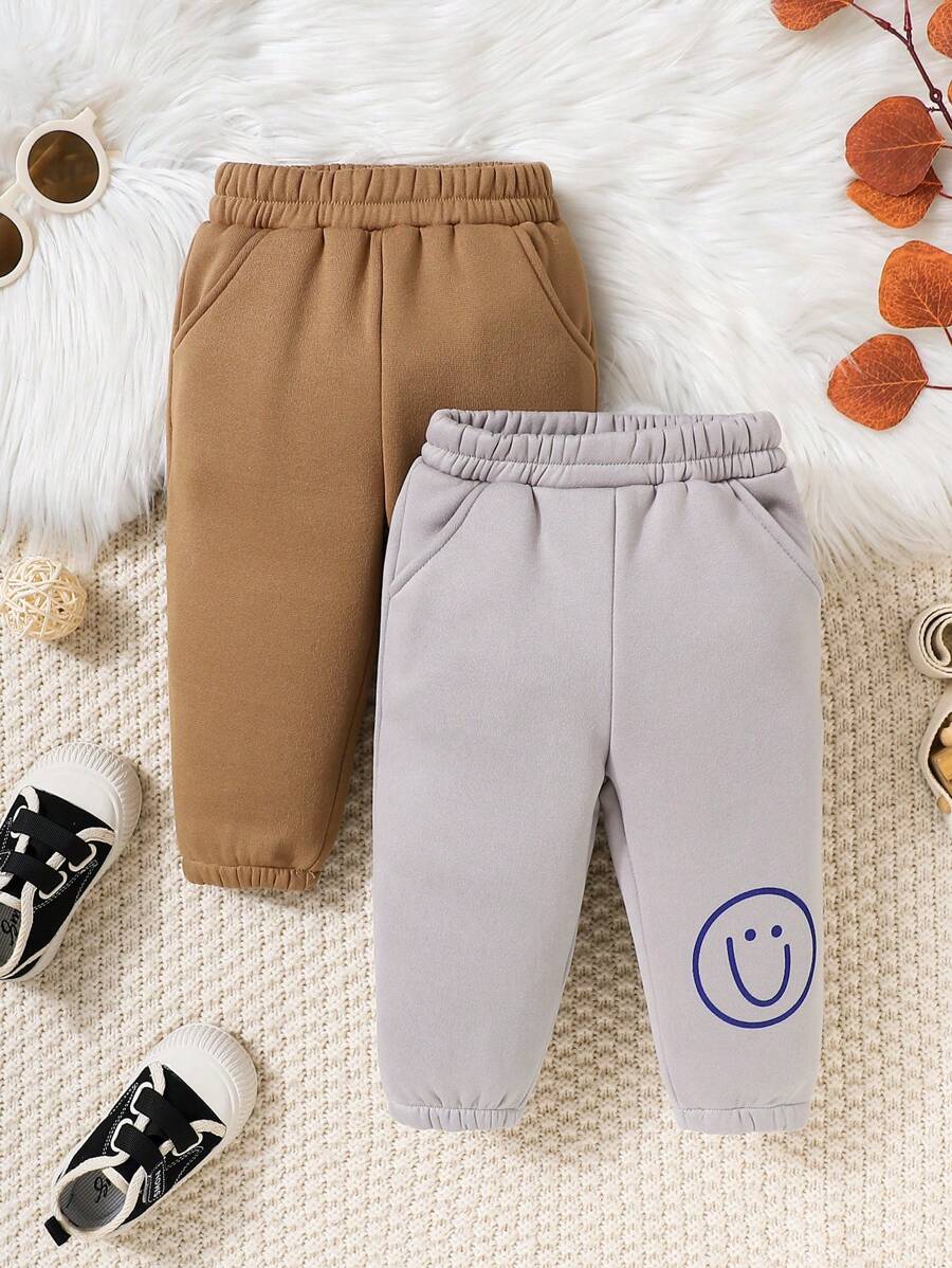 2pcs/Set Baby Boys Thermal Lined Smiling Face Printed Leggings, Suitable For Cold Weather Wear Or Casual Home Use - Multicolor - View 1