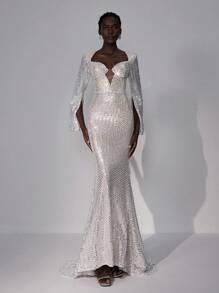 Elitara Elegant White & Champagne Color Novelty Sequin Shoulder Pad Long Lantern Sleeve V Neck Mesh Insert High Waist Mermaid Tail Maxi Evening Gown With Train, Formal Dress Long Sleeve Wedding Guest Dress, For Graduation - White - View 5