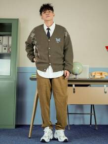 DAZY Maglione da uomo con scollo a V e abbottonatura, maniche lunghe, motivo jacquard, per l'autunno
