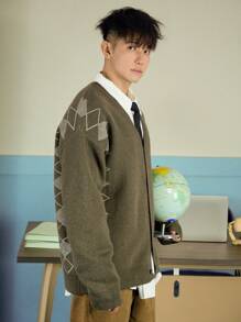 DAZY Maglione da uomo con scollo a V e abbottonatura, maniche lunghe, motivo jacquard, per l'autunno