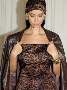 AiiRZ Leopard Print Cowl Neck Spaghetti Strap Backless Fitted Maxi Dress With Matching Bandana - Brown - View 3