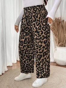 SHEIN VCAY Plus Size Leopard Print Paper Bag Waist Casual Pants - Multicolor - View 5