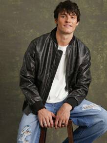 Men Faux Leather Bomber Jacket - Black - View 1