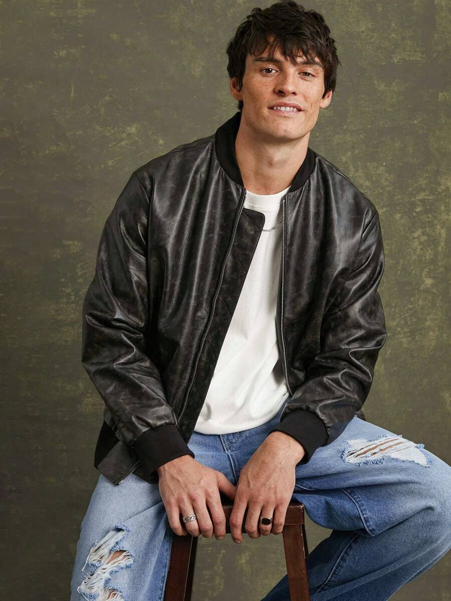 Men Faux Leather Bomber Jacket - Black - View 1