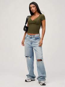SHEIN BASICS 2pcs/Set Basic Solid Color V-Neck Short Sleeve Fitted Women T-Shirts - Multicolor - View 3