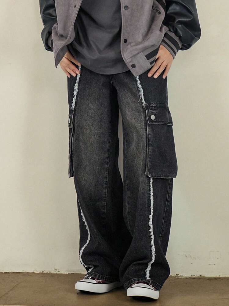 Men's Raw Edge Flap Pocket Loose Cargo Jeans, Streetwear Style, Autumn