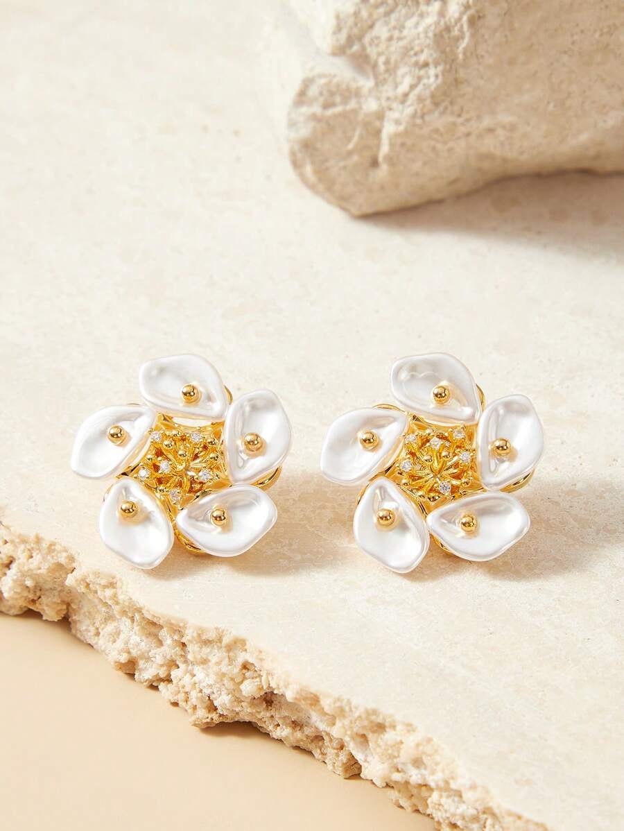 SHEIN 18K 镀金花卉耳钉，适合任何场合 - 白色 - 查看 1