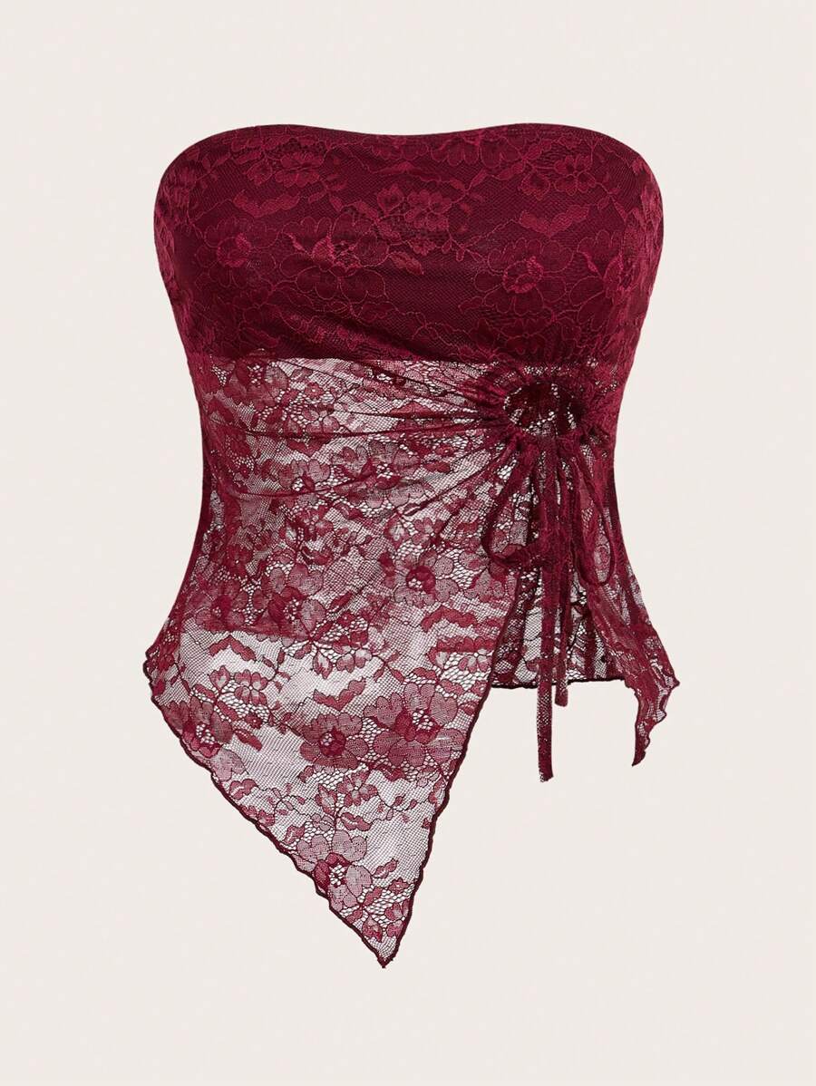 Sweetina Tie Front Lace Tube Asymmetrical Top - Rose Red - View 1