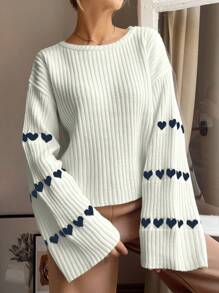 EURMUSE Women Heart Pattern Flare Sleeve Sweater, Casual For Autumn/Winter - Multicolor - View 3